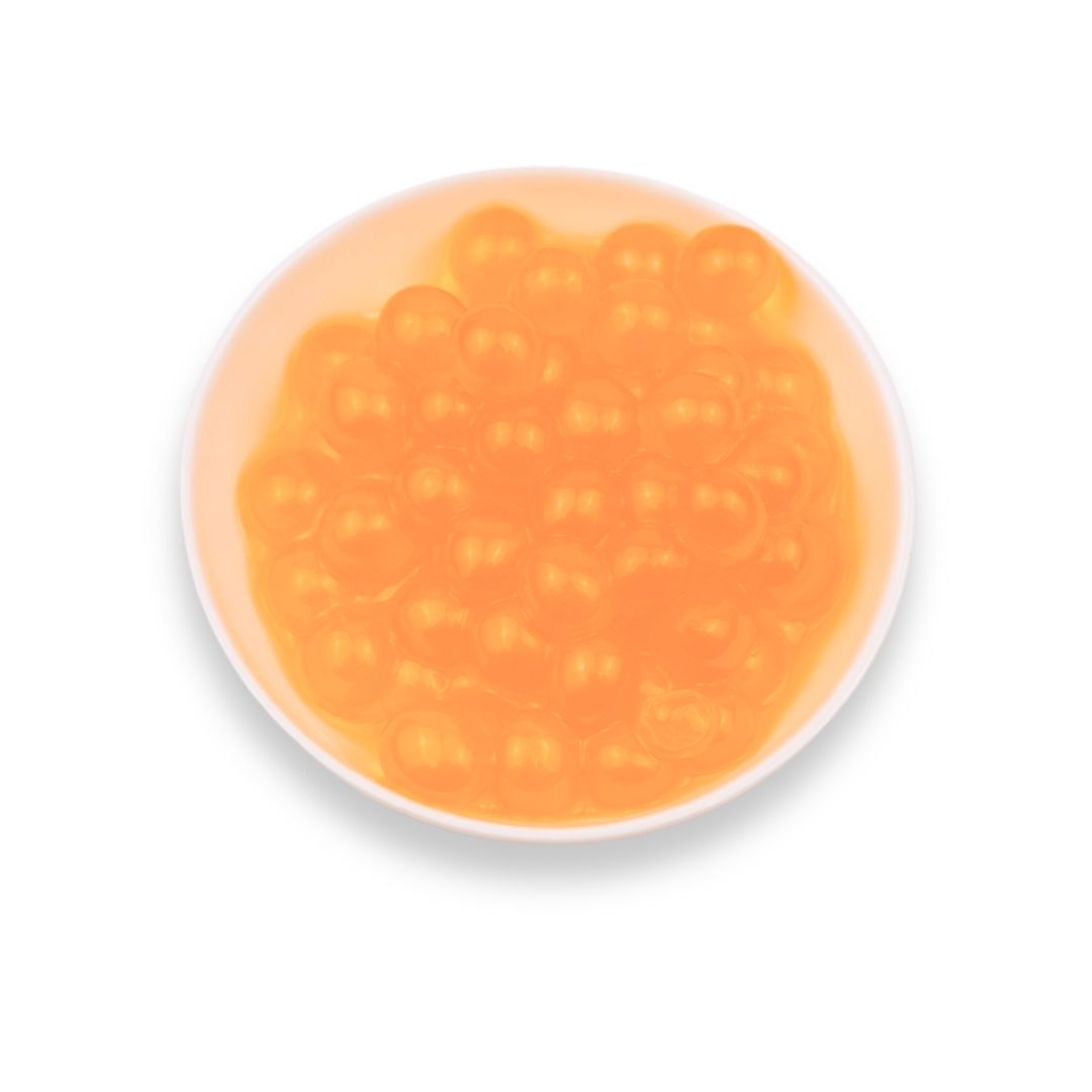 Refreshing passion fruit fruit tea topped with Frubo Passion Fruit Popping Boba bursting juice pearls