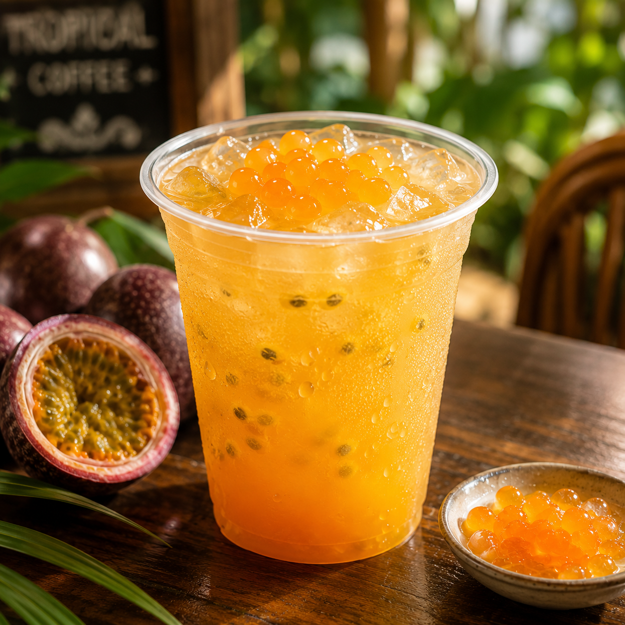 Refreshing passion fruit fruit tea topped with Frubo Passion Fruit Popping Boba bursting juice pearls