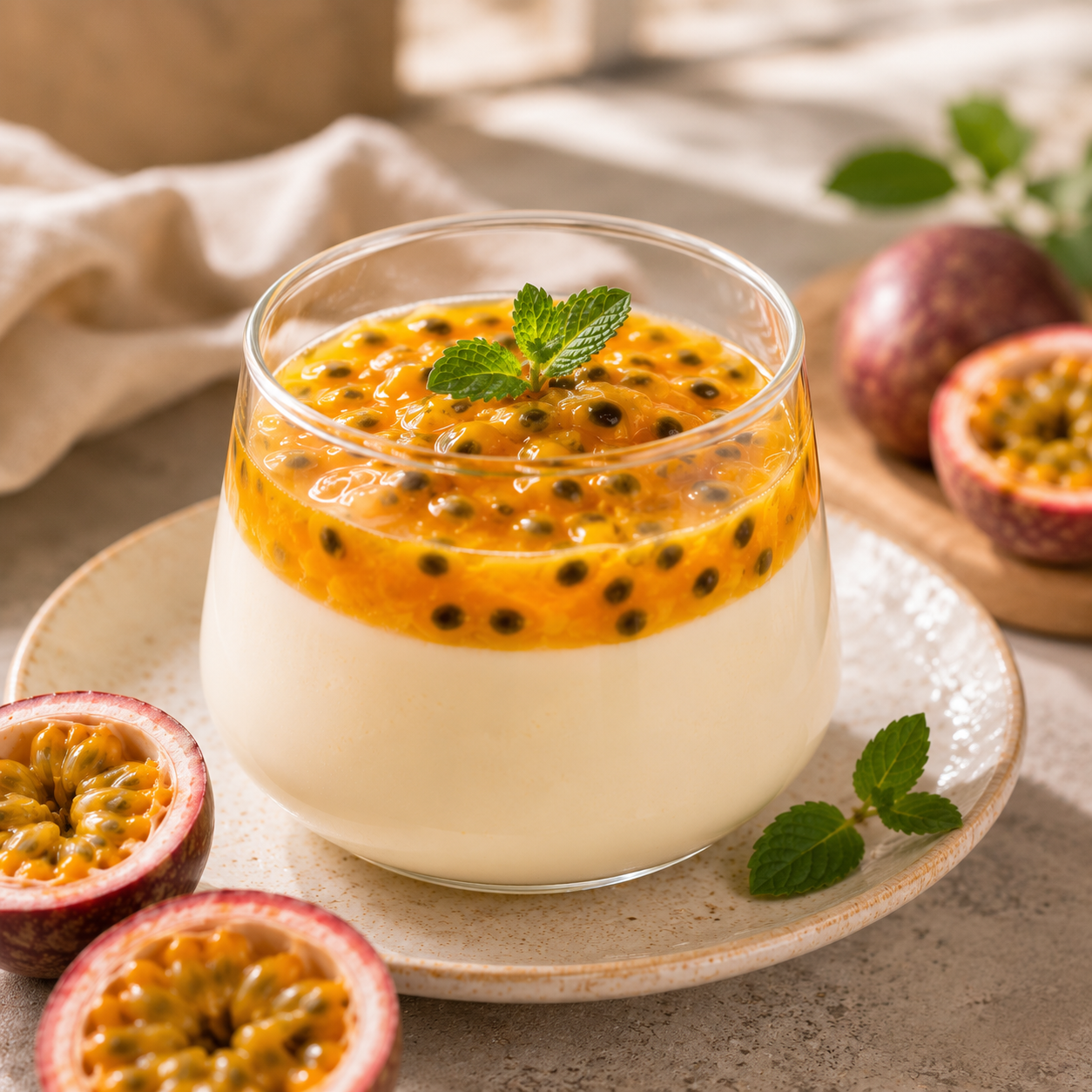 Creamy panna cotta topped with Watercome Passion Fruit Puree featuring real passion fruit pulp and seeds for premium dessert menus