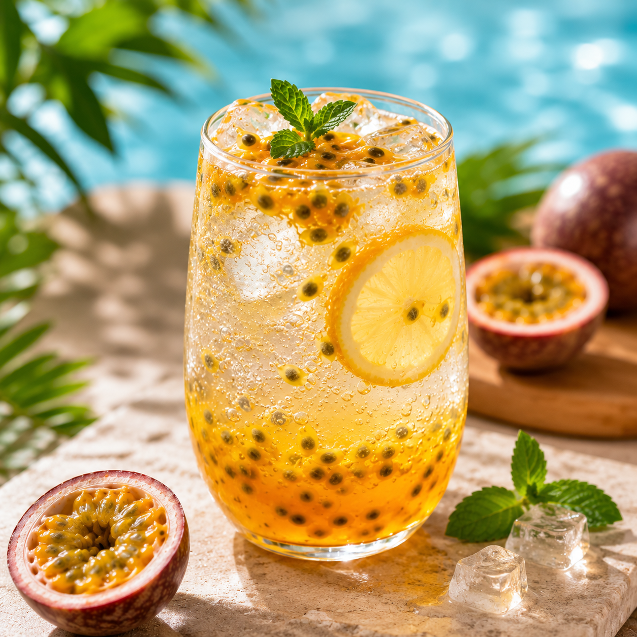 Refreshing sparkling drink made with Watercome Passion Fruit Puree, fresh lemon, mint, and real passion fruit for cafés and bubble tea shops