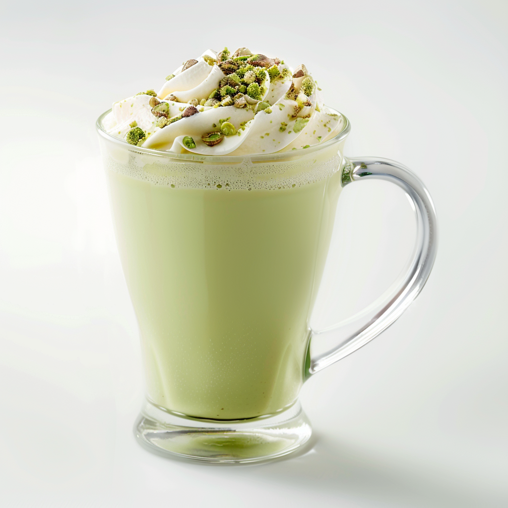 Hot pistachio latte made with Watercome pistachio powder and roasted pistachio topping
