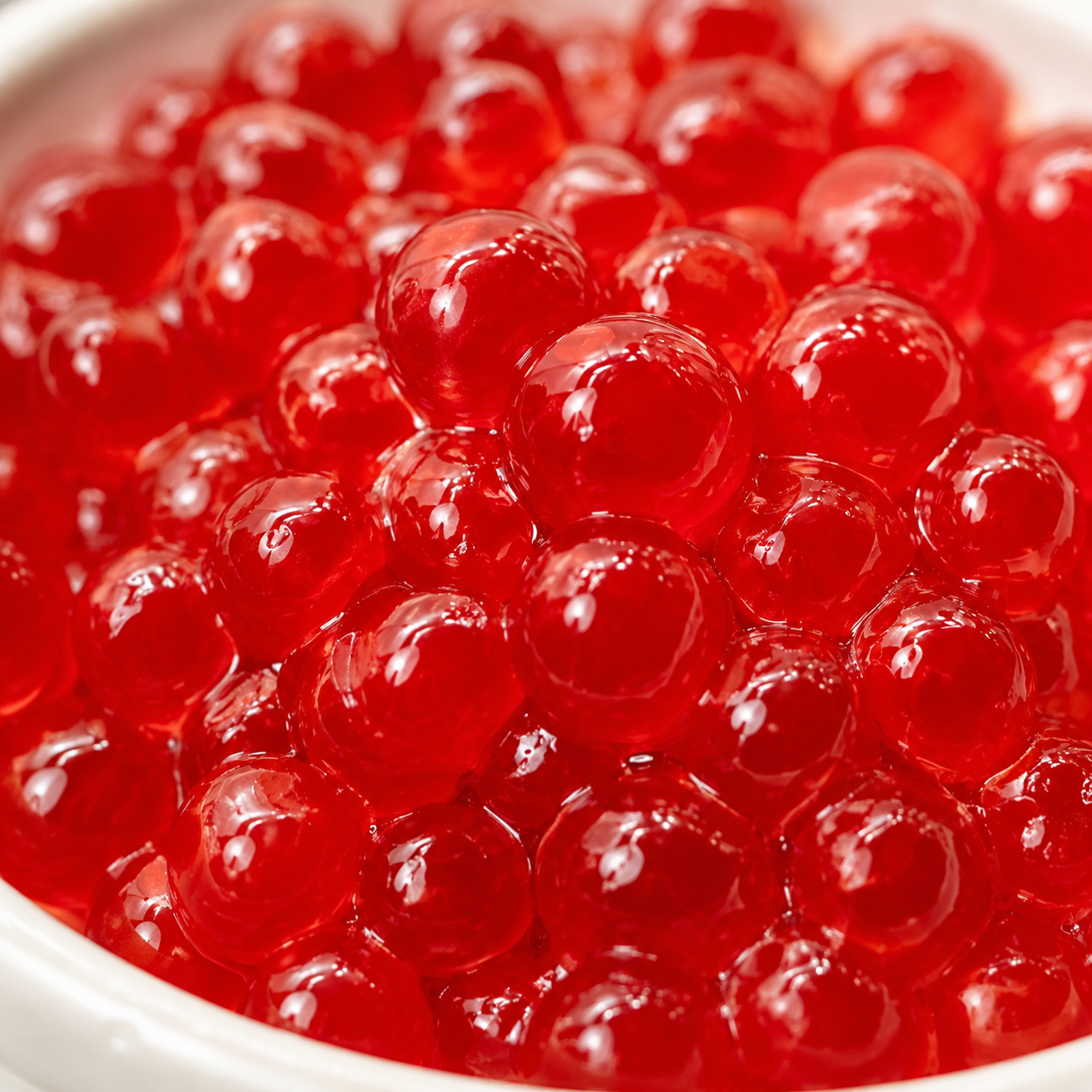 Close-up of Frubo Pomegranate Popping Boba bursting juice pearls with vibrant ruby red color and juicy center