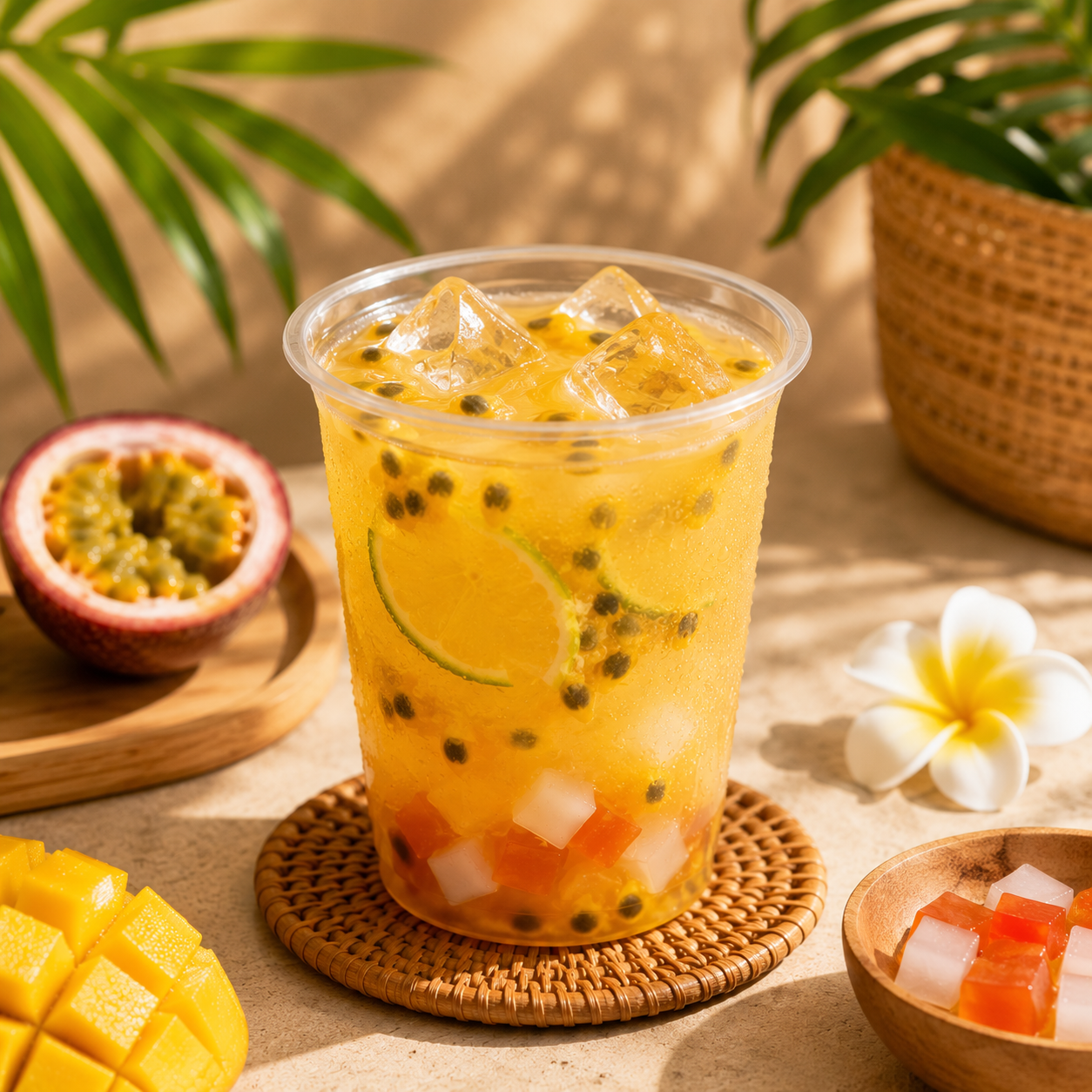 Tropical passion fruit tea with Watercome rainbow agar jelly topping for bubble tea cafés and specialty beverages