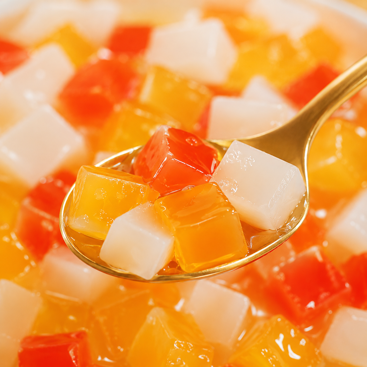 Close-up of Watercome rainbow agar jelly cubes with soft chewy texture for bubble tea and desserts