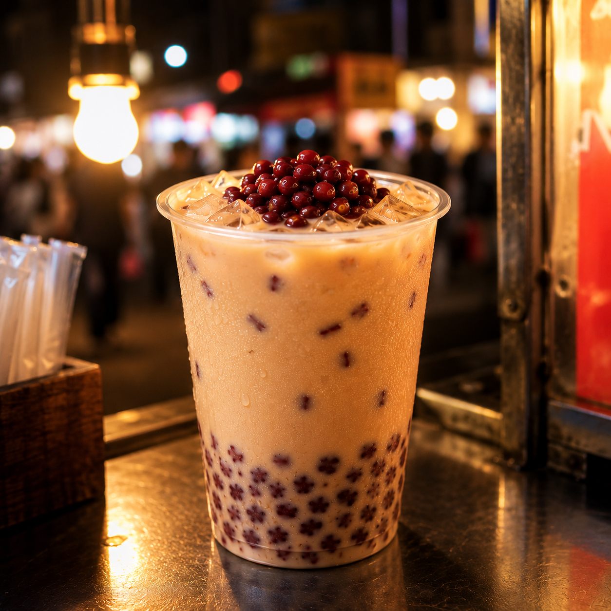 Traditional Asian-style red bean bubble tea made with Watercome red bean powder and sweet red bean topping