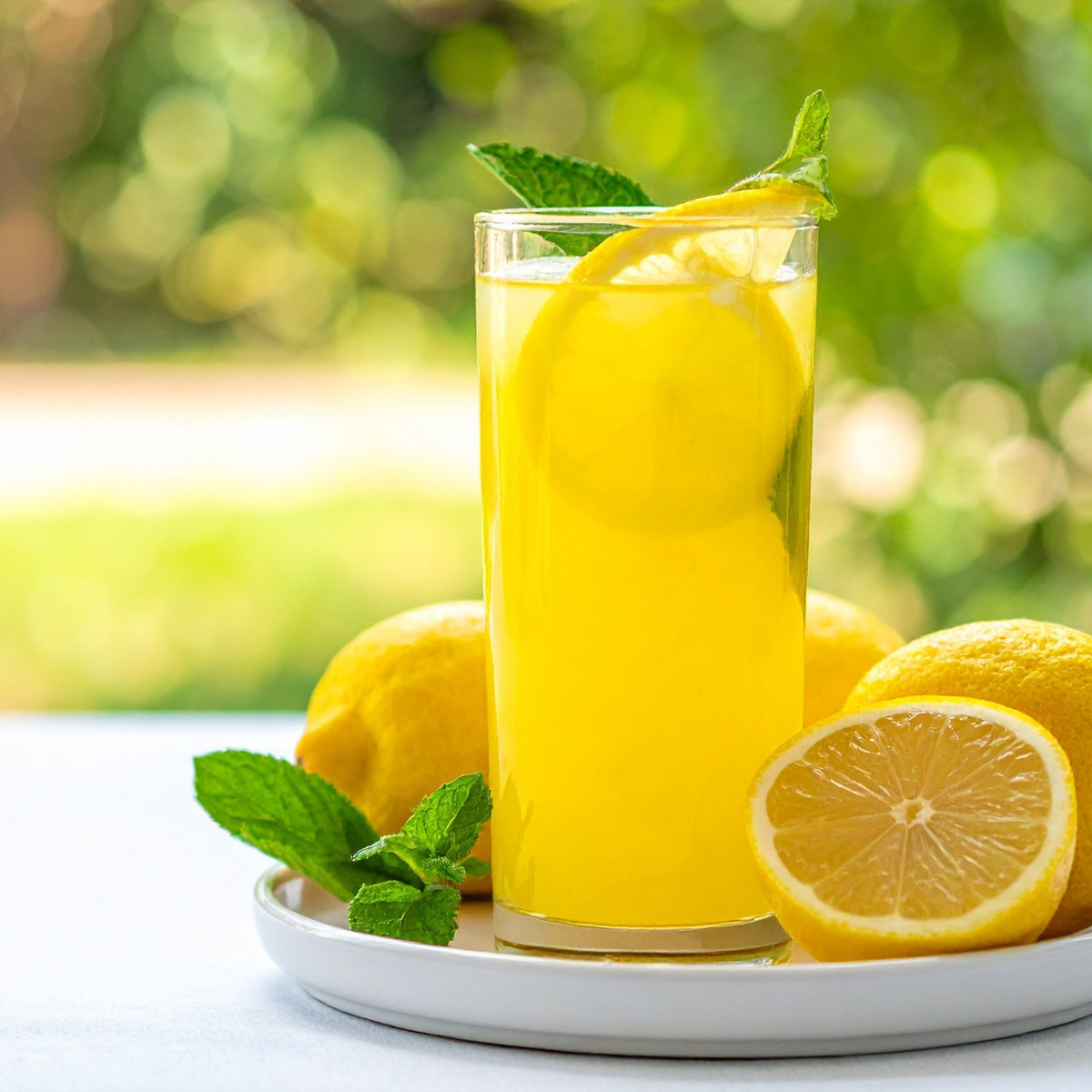 Refreshing lemon flavored drink with fresh lemon and mint for fruit tea and specialty beverage menus