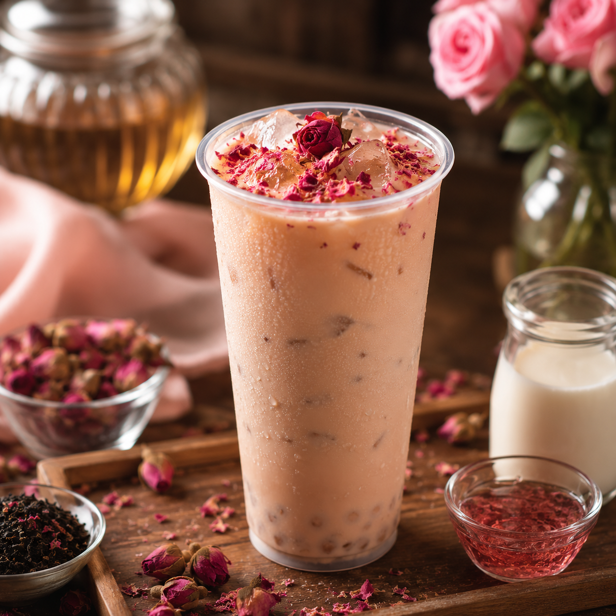 Rose milk tea prepared with rose syrup featuring floral fragrance creamy texture and delicate sweetness