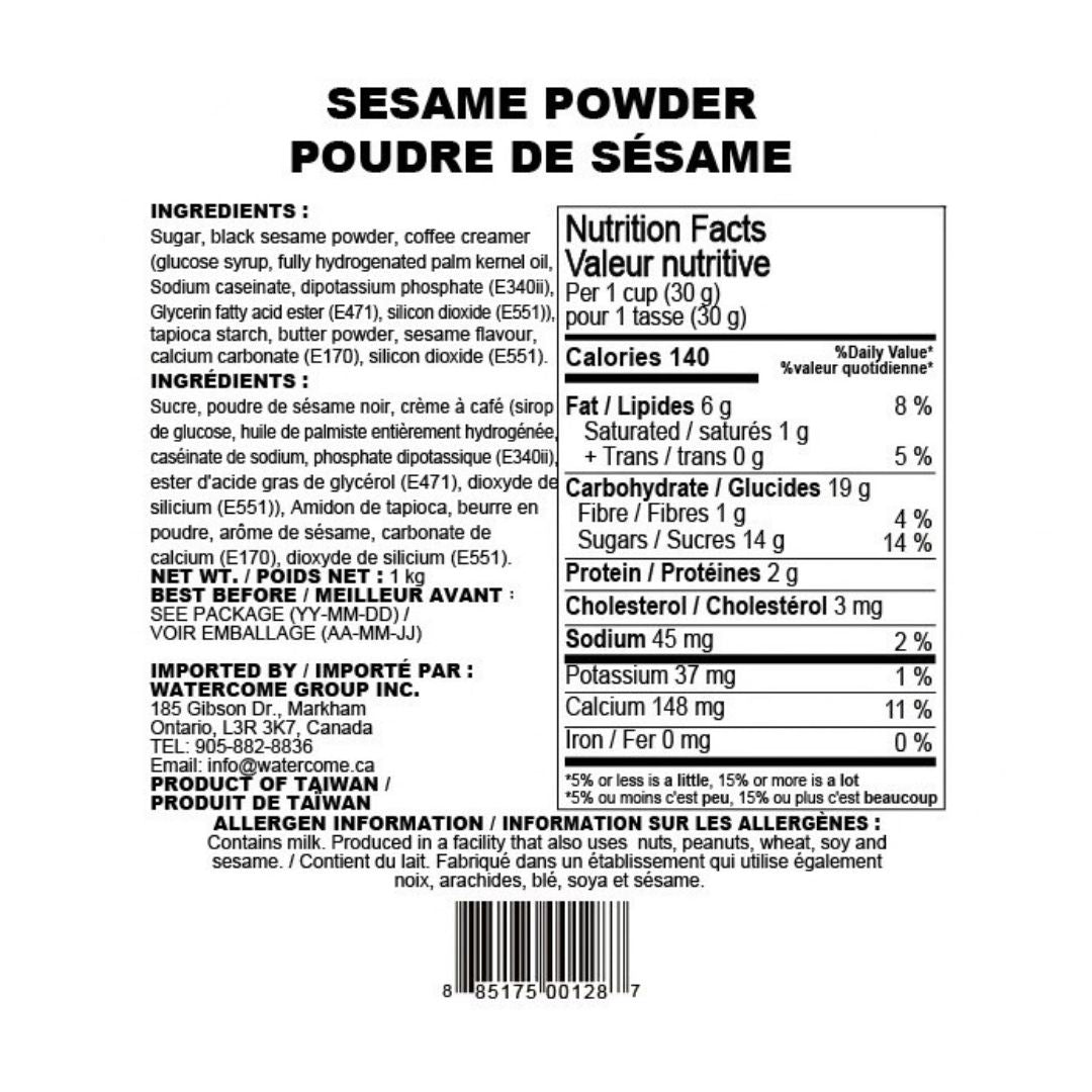 sesame powder ingredients and nutrition facts label by Watercome for bubble tea mix