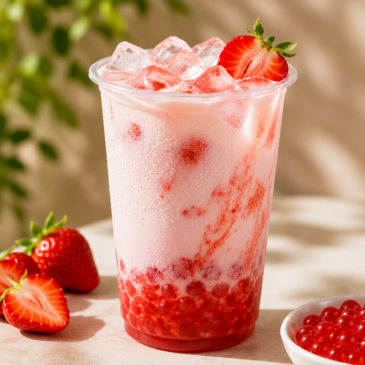 Refreshing strawberry milk tea with Strawberry Frubo Popping Boba, fresh strawberries and juicy bursting pearls for cafés and bubble tea shops