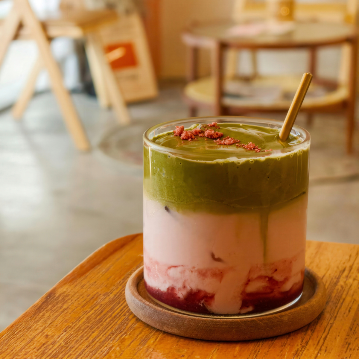 Layered strawberry matcha latte with strawberry syrup for specialty café and bubble tea drinks