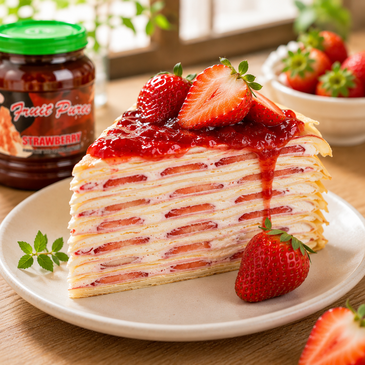 Fresh strawberry mille crepe cake topped with Watercome Strawberry Puree and real strawberry pieces for bakeries, cafés, and dessert shops
