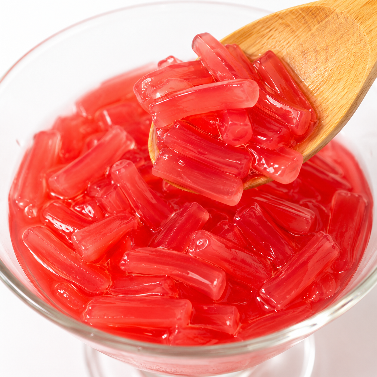 Chewy Strawberry Nata de Coco coconut jelly pieces in syrup with vibrant red color for bubble tea fruit tea and dessert toppings