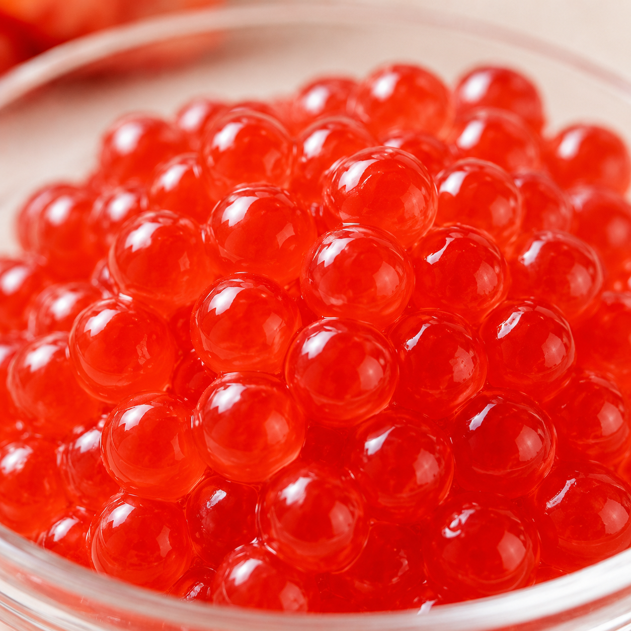 Close-up of Strawberry Frubo Popping Boba featuring juice-filled bursting pearls with vibrant color and glossy texture for bubble tea shops