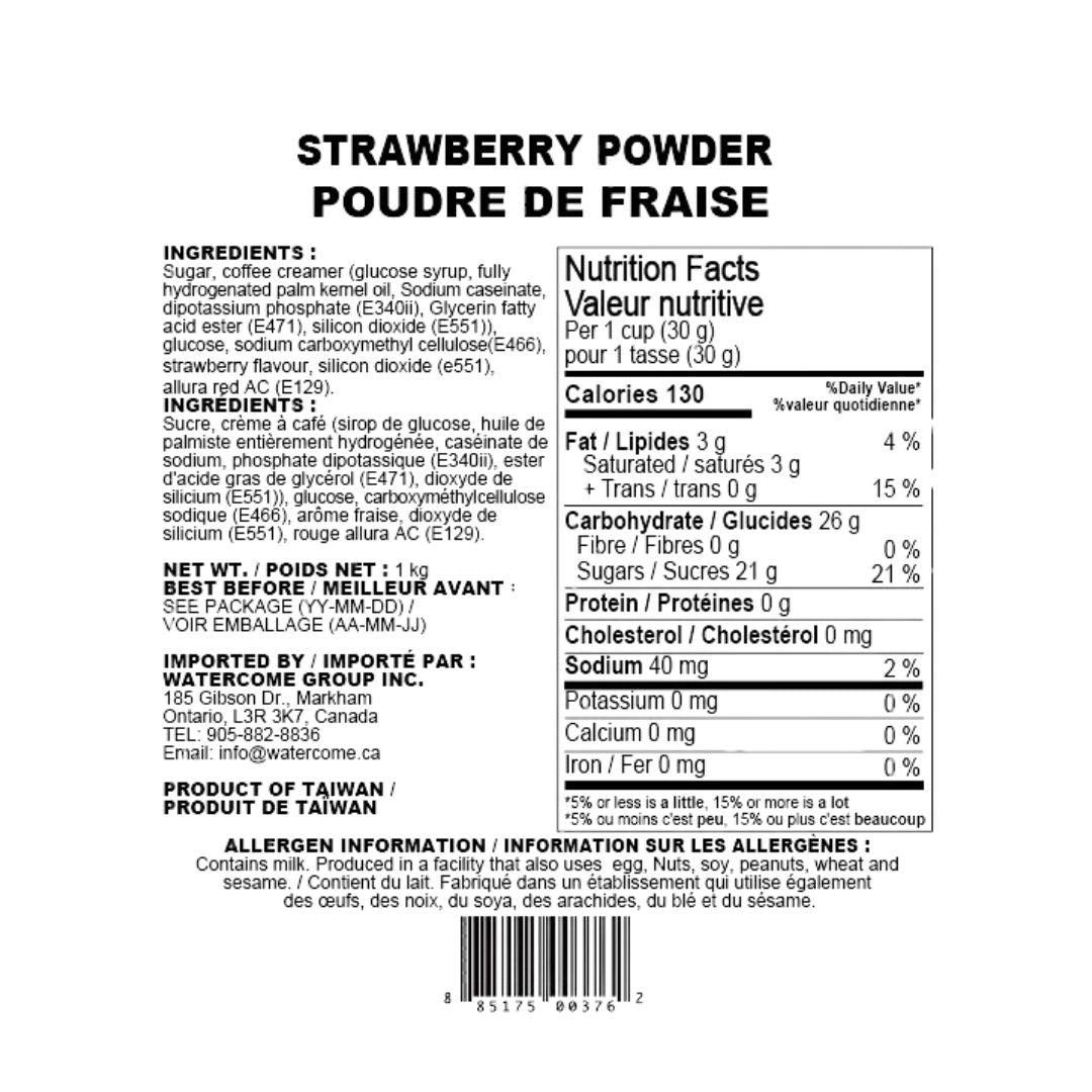 strawberry powder ingredients and nutrition facts label by Watercome