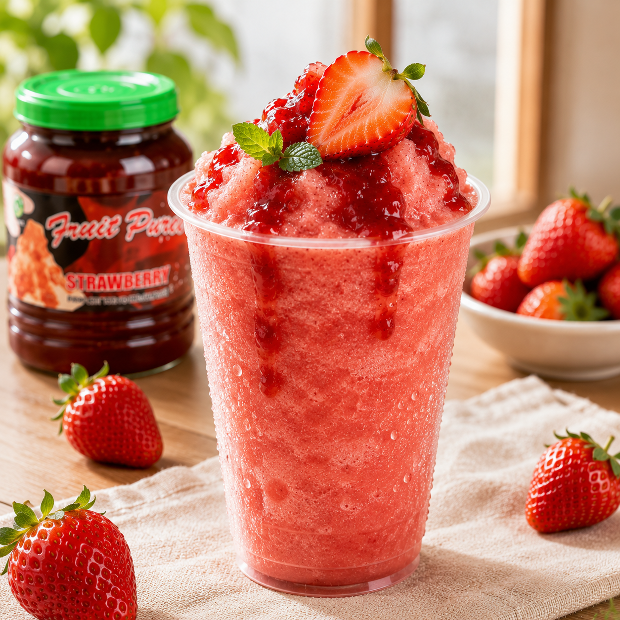 Refreshing strawberry slush made with Watercome Strawberry Puree, topped with real strawberry jam for cafés, bubble tea shops, and dessert menus