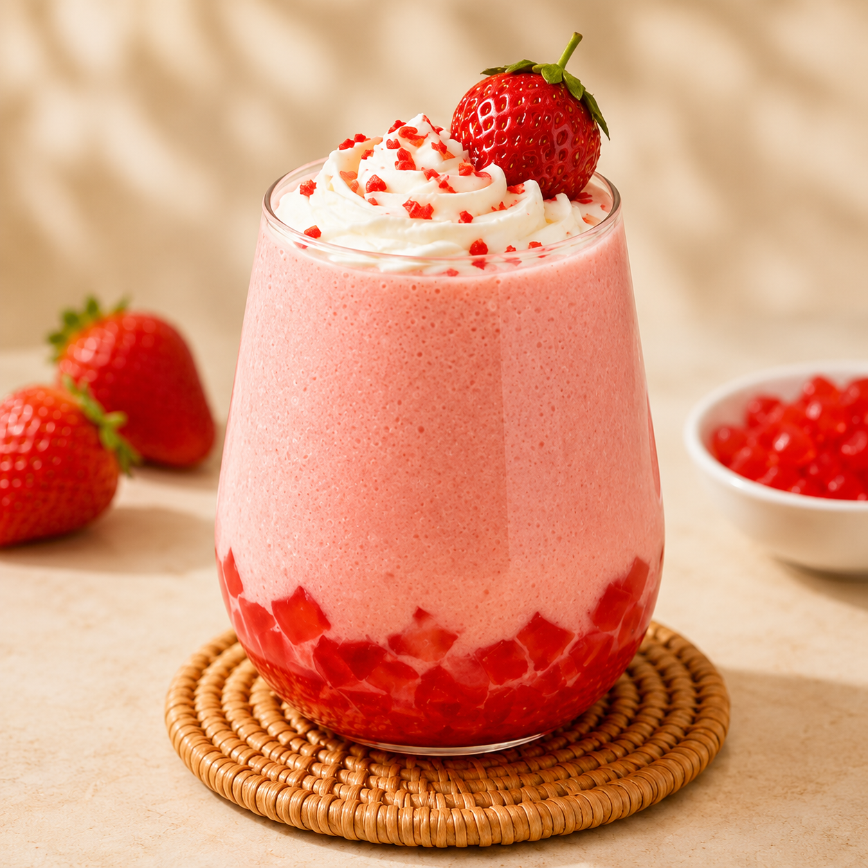 Creamy strawberry smoothie topped with Strawberry Nata de Coco chewy coconut jelly for bubble tea cafés and dessert drinks