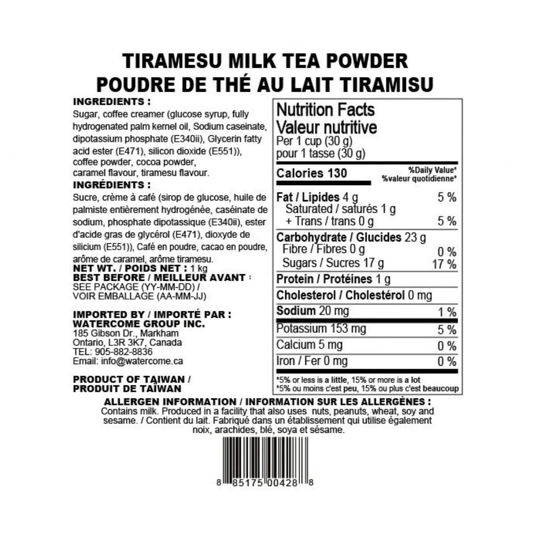 Watercome tiramisu milk tea powder nutrition facts and ingredients label
