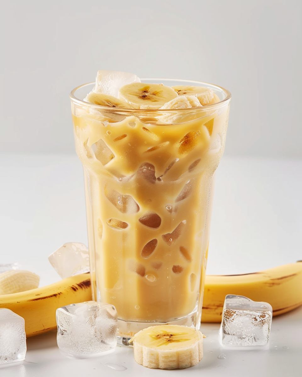 Iced banana milk tea made with banana powder, creamy texture with sweet ripe banana flavor, ideal for bubble tea drinks