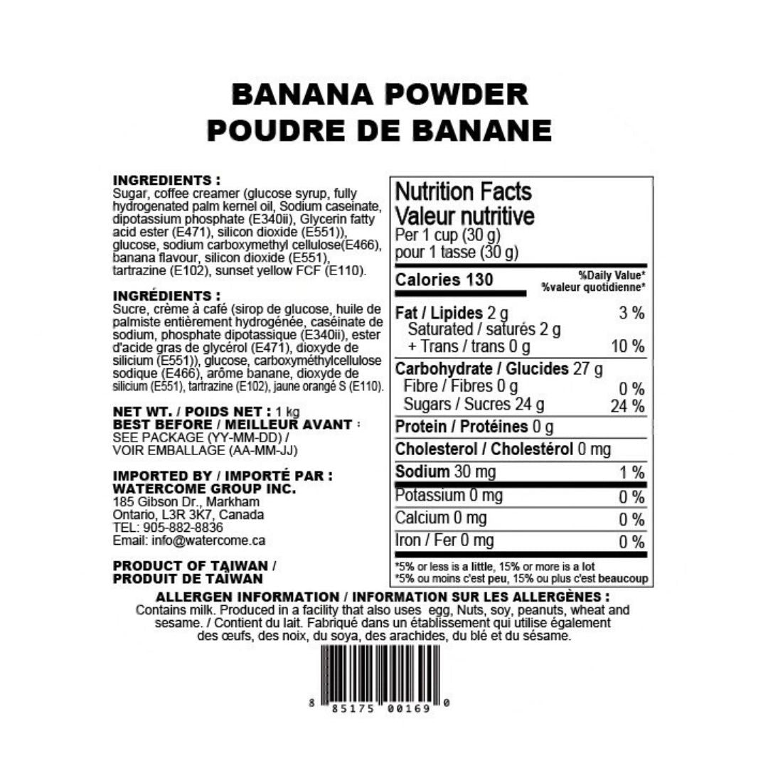 Banana powder nutrition facts and ingredient label, suitable for bubble tea, smoothies, and beverage preparation