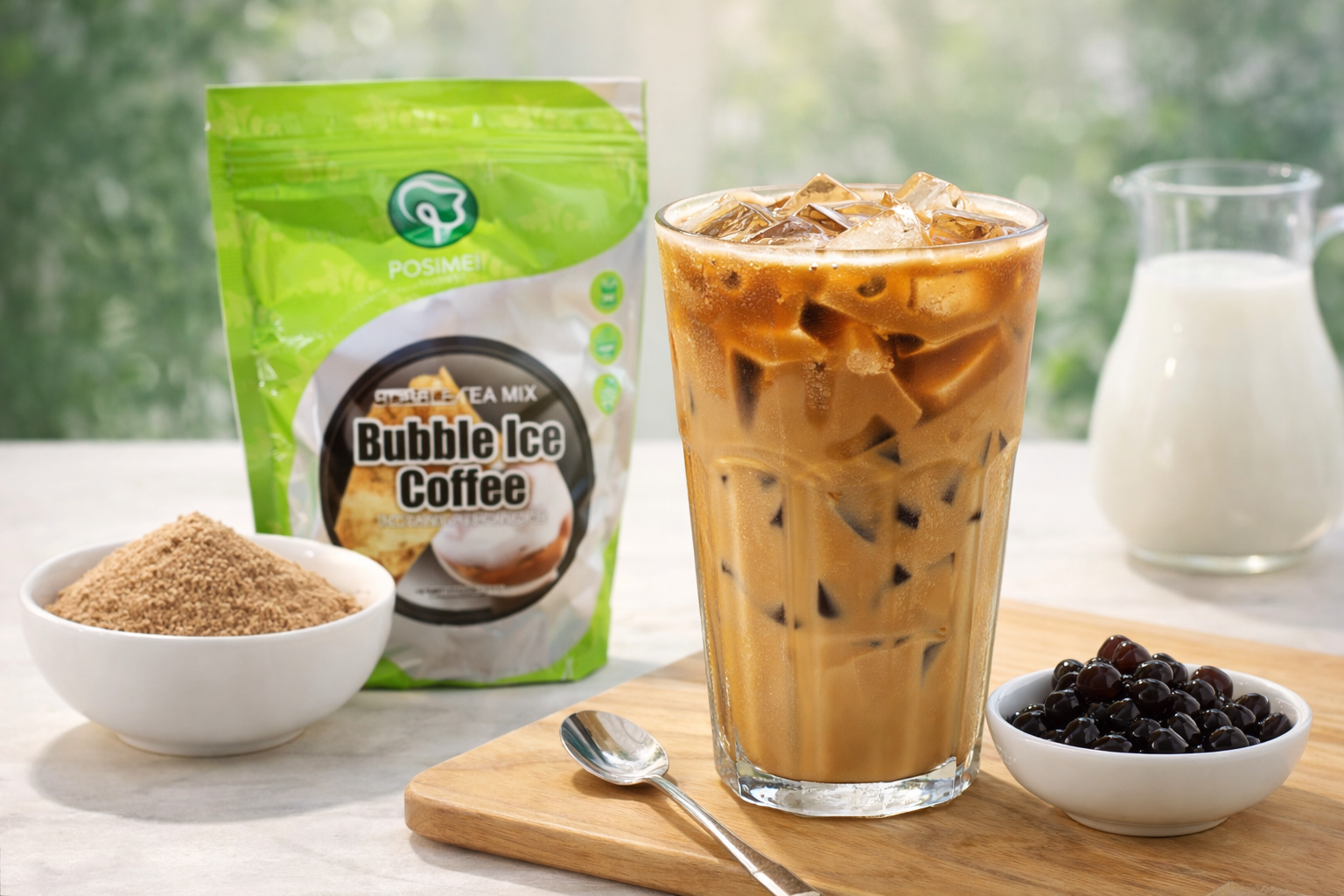 Bubble iced coffee with tapioca pearls and creamy coffee flavor, café-style drink