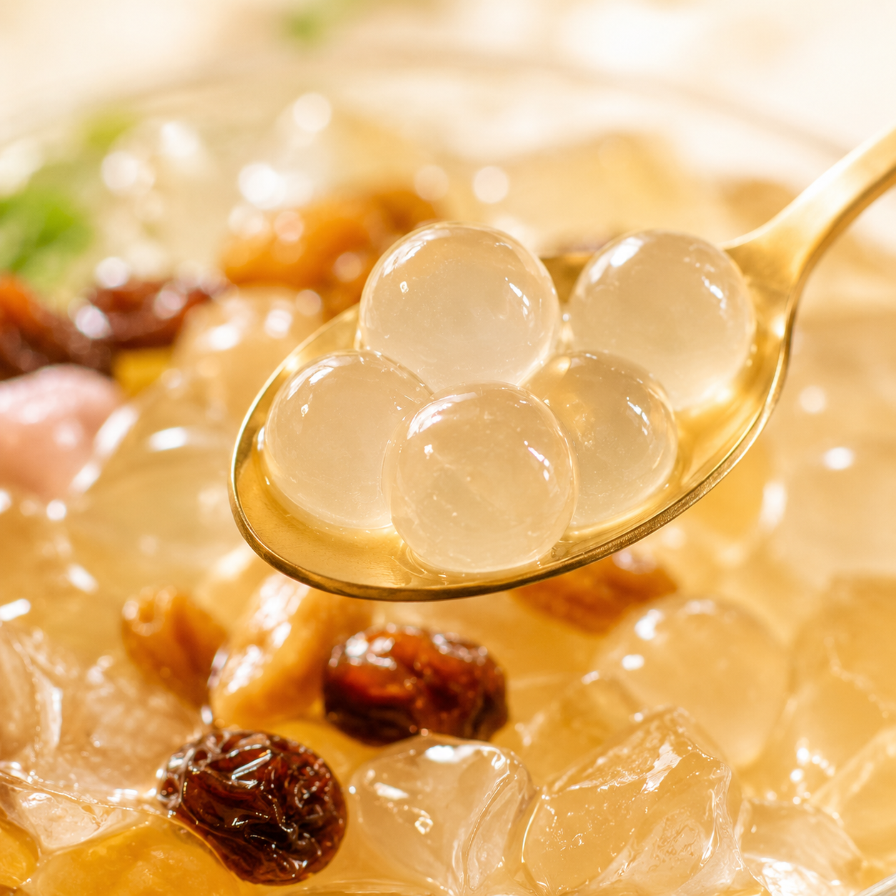 Close-up of Watercome crystal boba white agar pearls with chewy texture for bubble tea and desserts