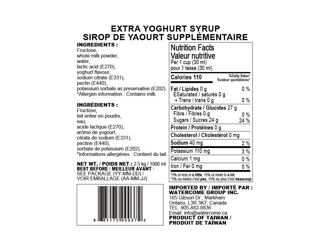 Watercome Extra Yogurt Syrup ingredients nutrition facts and product information for 2.5kg bottle