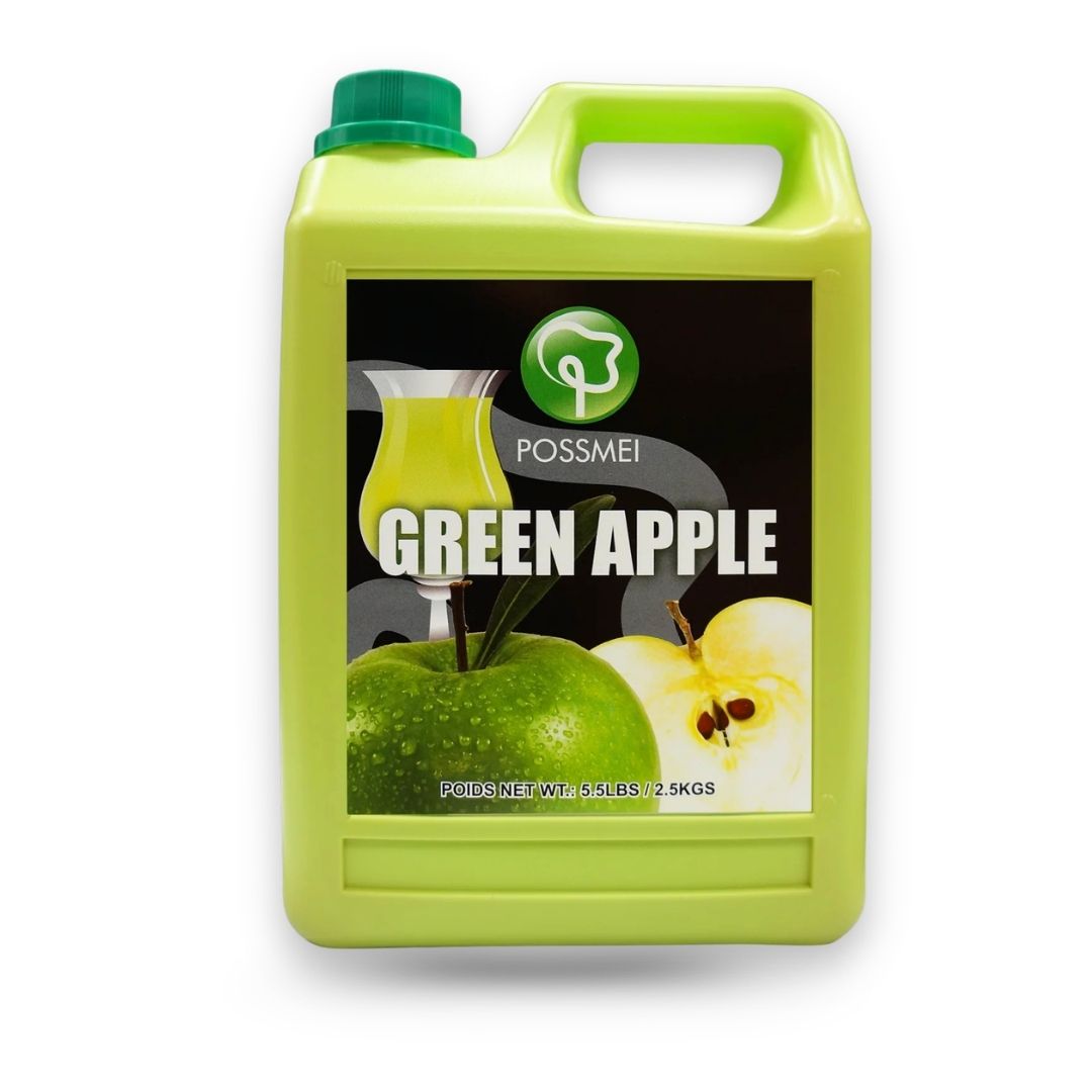 Watercome green apple flavored syrup in a 2.5 kg bottle for bubble tea, fruit tea, soda, smoothies and cocktails