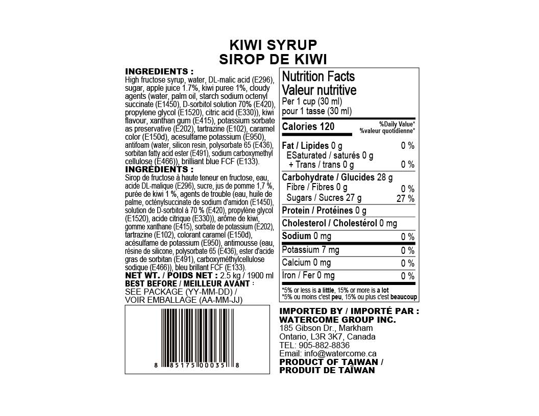 Watercome Kiwi Syrup nutrition facts panel with serving size, ingredients, calories, sugars, and product information for commercial beverage applications
