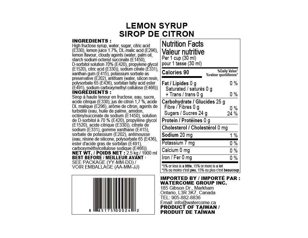 Watercome Lemon Syrup ingredients nutrition facts and product information for 2.5kg bottle