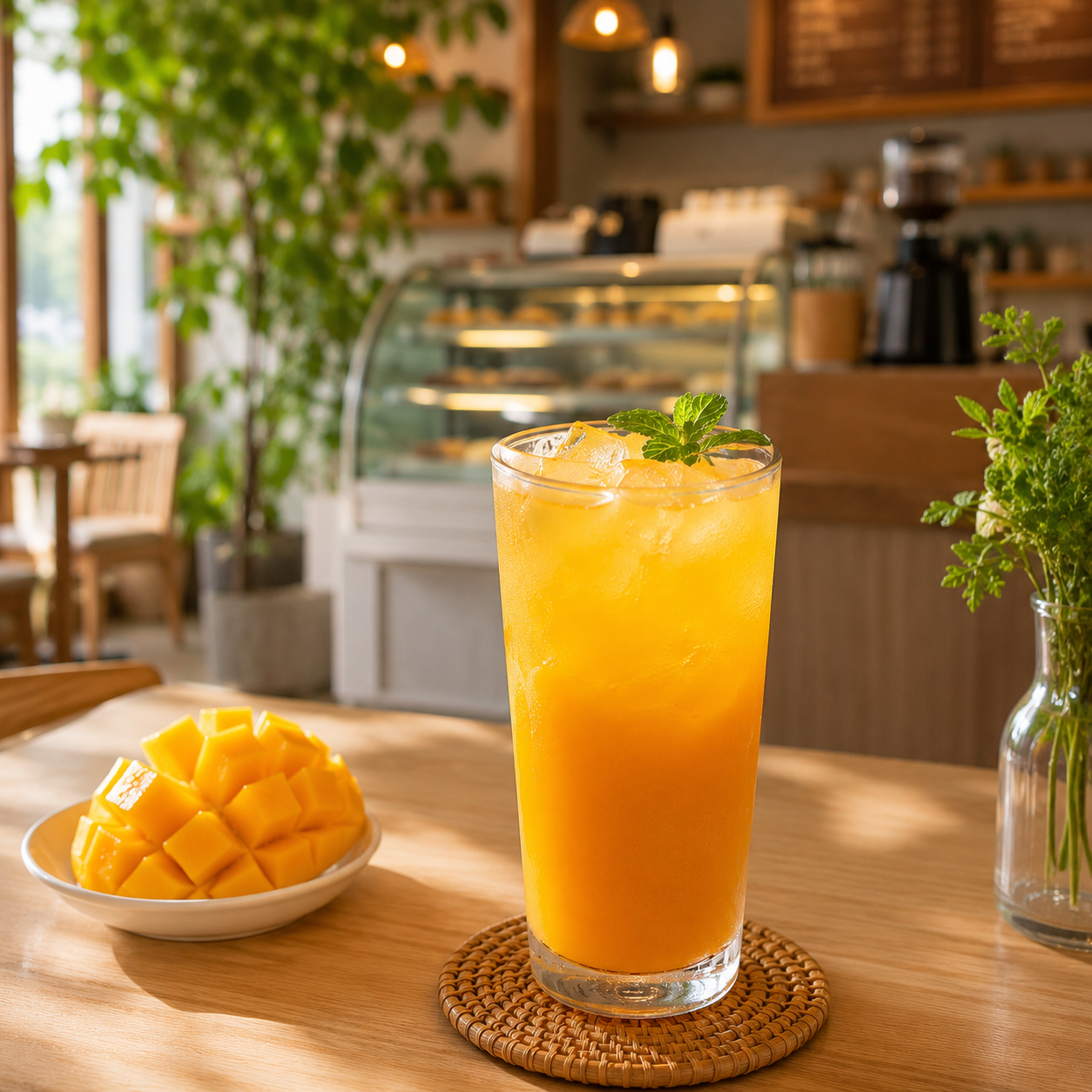Refreshing mango iced tea crafted with Watercome Premium Mango Puree, fresh ice, and mint, perfect for bubble tea shops, cafés, restaurants, and beverage menus.