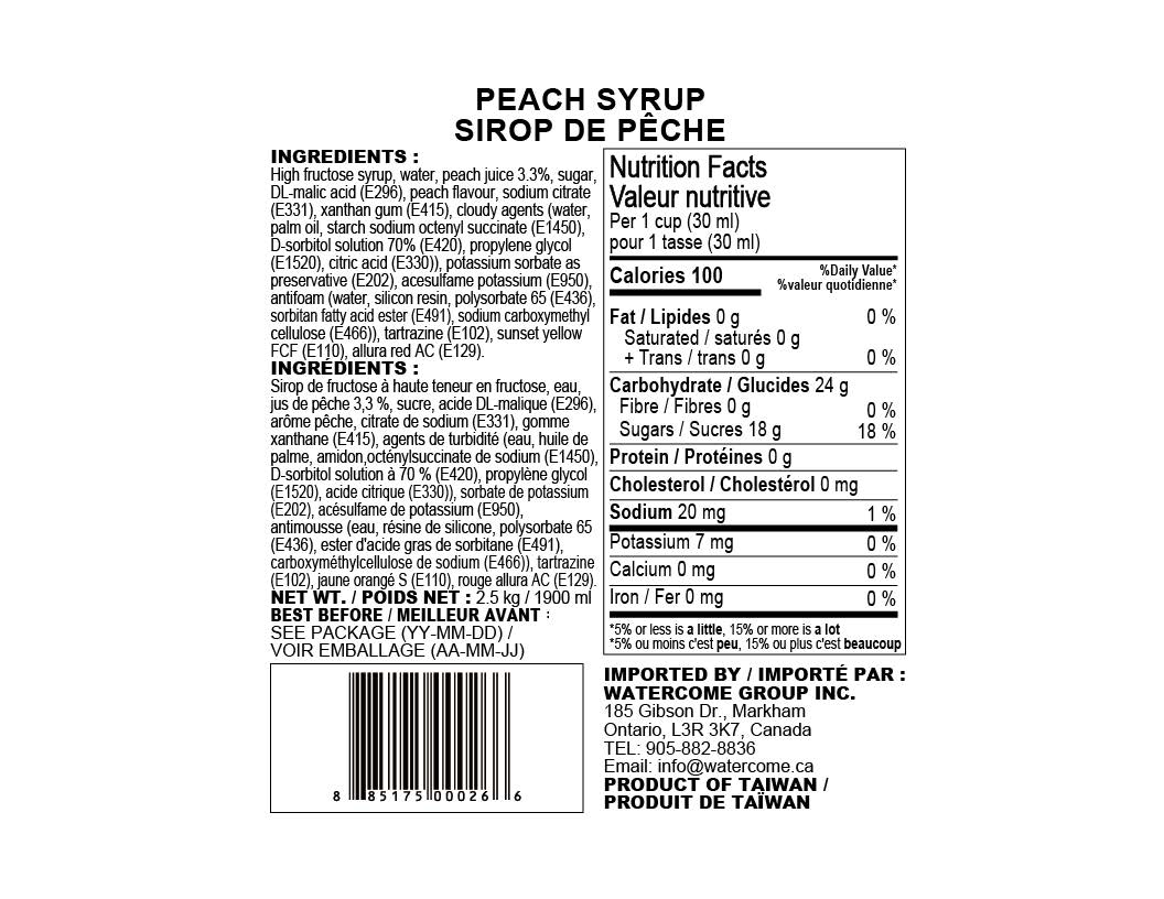 Watercome Peach Syrup ingredients nutrition facts and product information for 2.5kg bottle