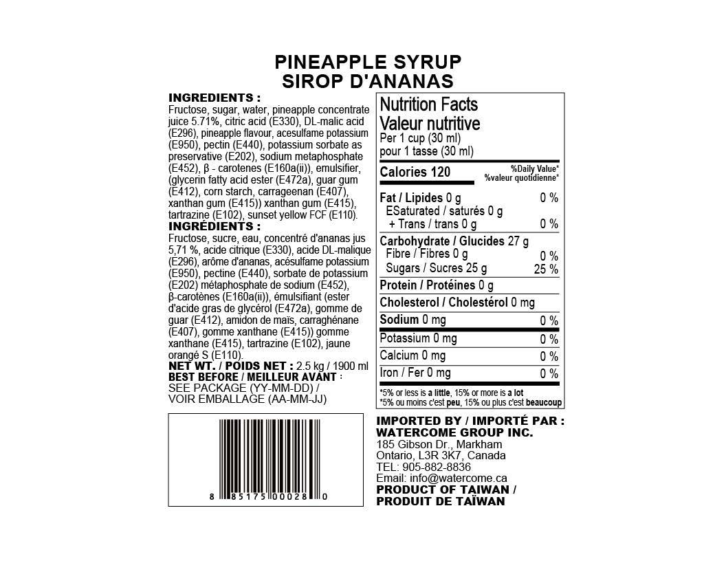 Watercome Pineapple Syrup ingredients nutrition facts and product information for 2.5kg bottle