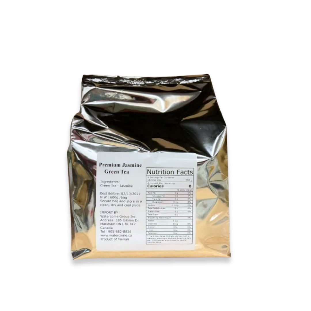 Watercome Premium Jasmine Green Tea from Taiwan with naturally scented jasmine blossoms, ideal for bubble tea, iced tea, and specialty tea shops