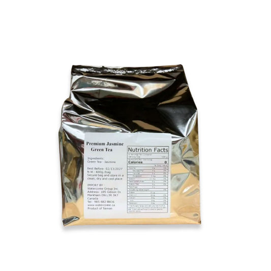 Watercome Premium Jasmine Green Tea from Taiwan with naturally scented jasmine blossoms, ideal for bubble tea, iced tea, and specialty tea shops