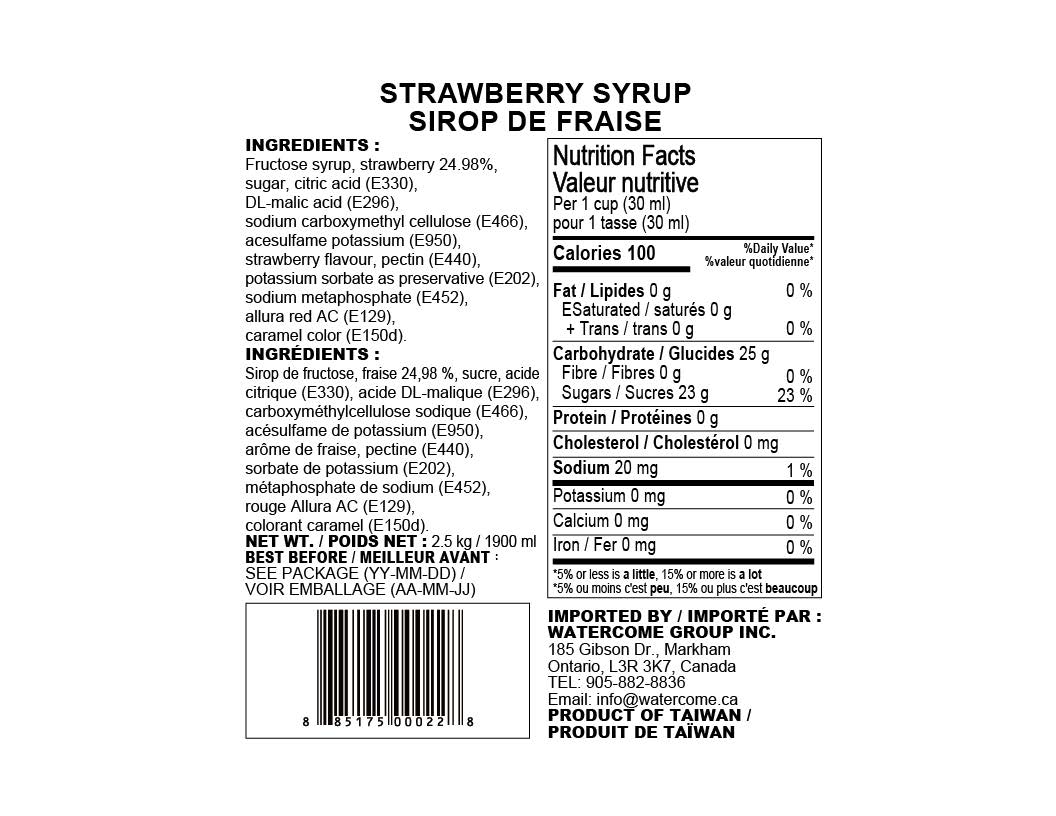 Watercome Strawberry Syrup ingredients nutrition facts and product information for 2.5kg bottle