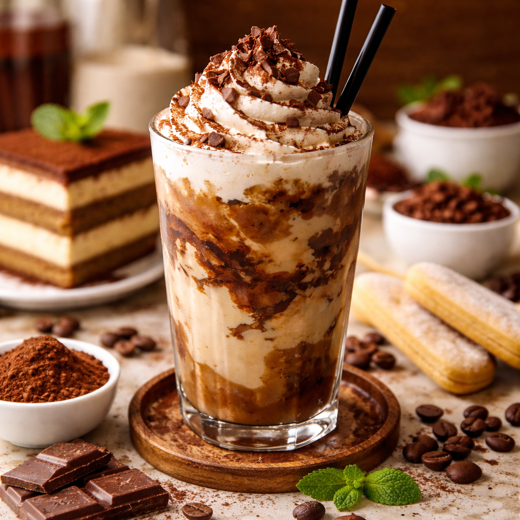 Watercome tiramisu dessert drink with whipped cream and chocolate topping