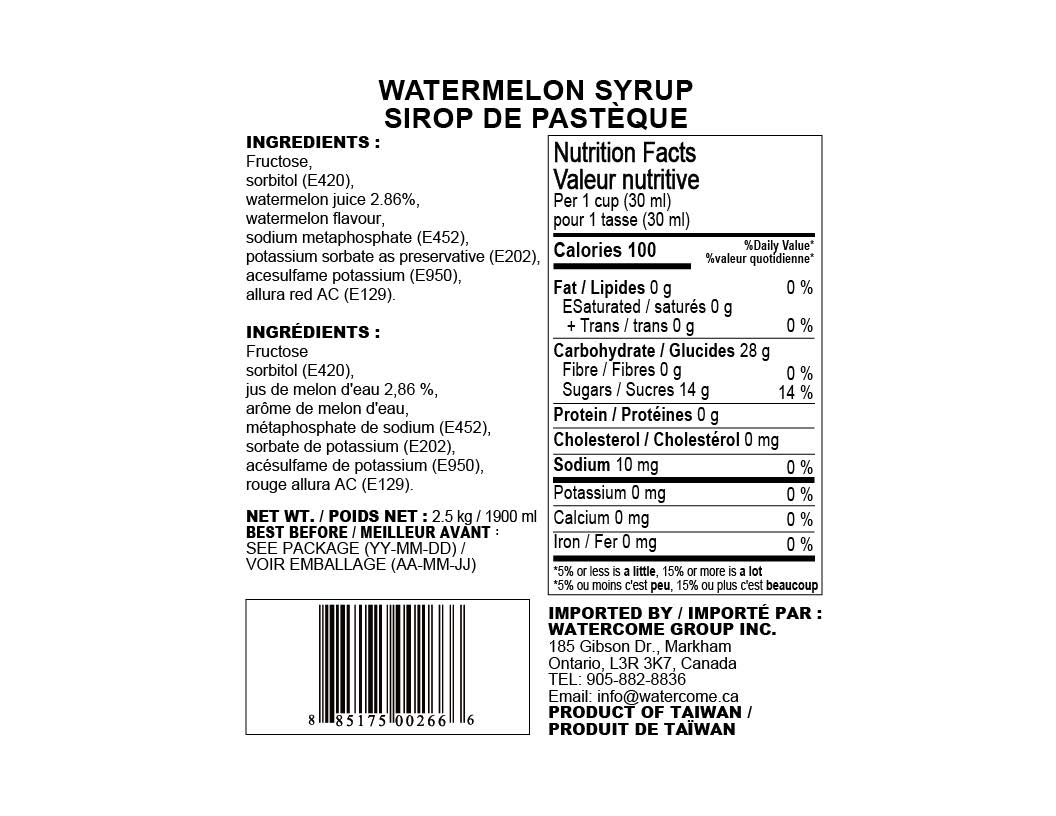 Watercome Watermelon Syrup ingredients nutrition facts and product information for 2.5kg bottle