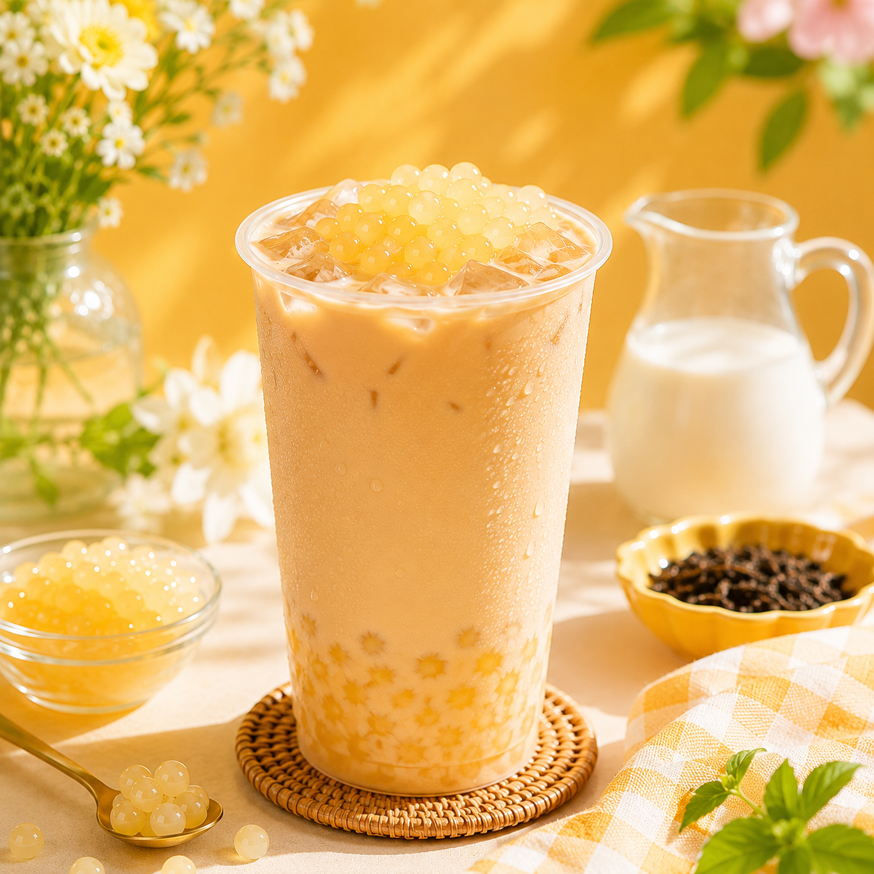 Bubble tea topped with Watercome Yogurt Frubo Popping Boba for a refreshing creamy yogurt burst